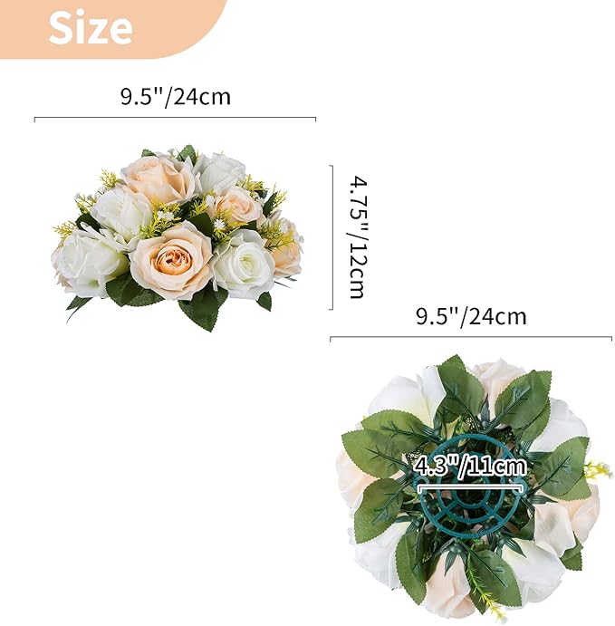 NUPTIO Artificial Flower Centerpieces for Tables: 10 Pcs Peachy Champagne & White Flower Ball Arrangement for Wedding Party - 9.5 Inch Diameter Floral Rose for Bridal Shower Decor