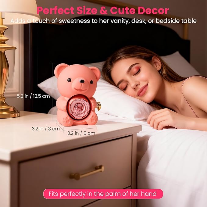 Cute Teddy Bear with Preserved Rose - A Real Rose Flower in Bear with Elegant Gift Box Romantic Gift for Mother's Day, Weddings, Anniversaries, Bridal (Pink)