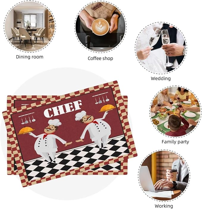 Chef Kitchen Linen Placemats Set of 4 Funny Fat Chef Red Plaid Placemats for Indoor Outdoor Party Home Desktop Dining Room Decor 12x18 Inch