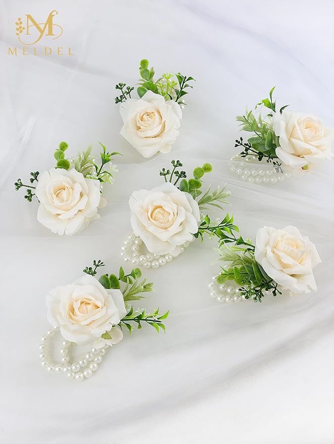 Meldel Wrist Corsage for Wedding(Set of 6),Artificial Champagne Rose Eucalyptus Pearls Wristband Corsages for Bride Bridesmaids Wedding, Women Mother Wrist Flower for Prom Party Anniversary Decor