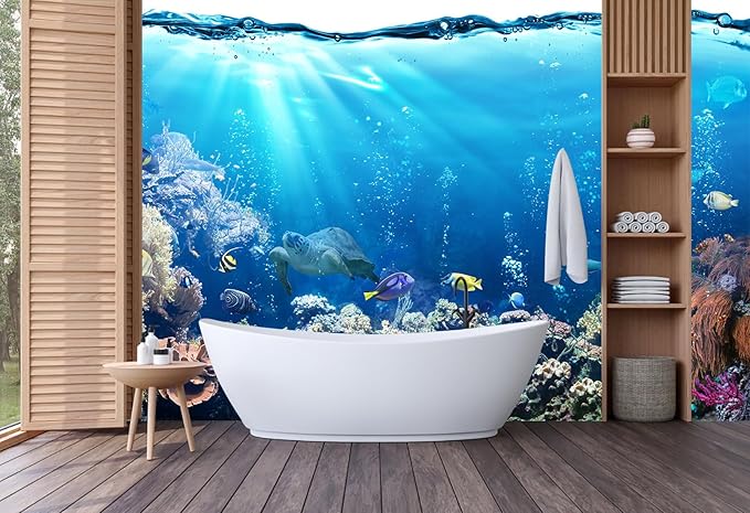 Blue Ocean Wallpaper Peel and Stick Underwater Animal World Self Adhesive Wall Mural for Kids Room Nursery 157"x108"