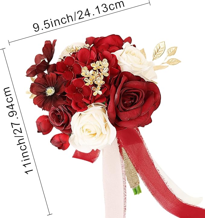 Bridesmaid Bouquets for Wedding, 9 Inch Luxury Artificial Flowers Bouquets for Ceremony Anniversary Centerpieces Decorations -Burgundy & Gold & White