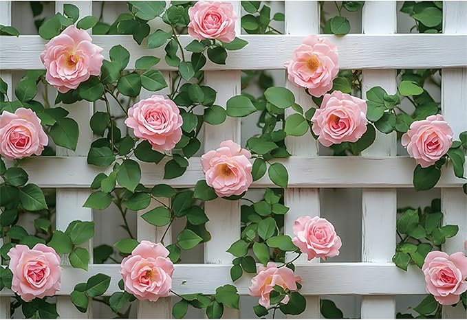 Baocicco 15x10ft Flowers Fence Backdrop Photography Pink Rose Green Leaves White Spring Floral Farmhouse Background for Bridal Shower Wedding Birthday Party Backdrops Decoration Photo Prop Photoshoot