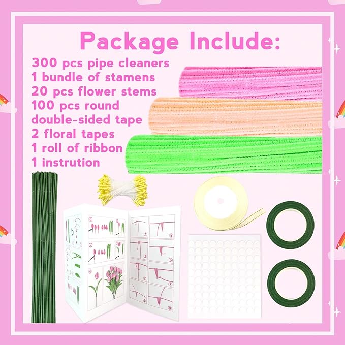 ZEIZHUBN 300 Pieces Pipe Cleaners, Pipe Cleaners Flower Bouquet Kit, Flower Making Kit with Floral Wires Tape, Art and Craft Supplies Projects DIY Decoration Holiday Party Birthday Gifts