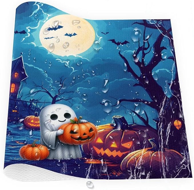 Halloween Cute Ghosts Pumpkin Placemats Set of 6 PVC Vinyl Non Slip Table Mats Heat Resistant Place Mats Washable Wipeable Dining Table Mat for Kitchen Decor Party Indoor Outdoor Decorative Gift