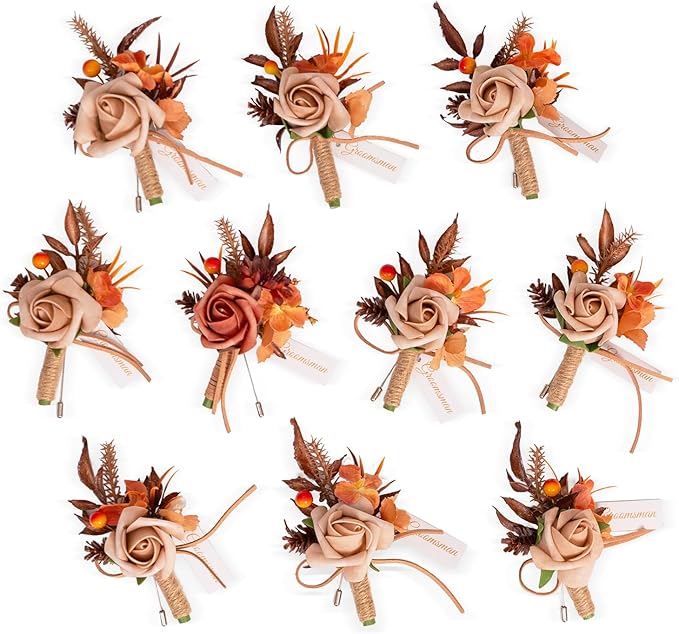 TINGE TIME Boutonniere for Men, Groom and Best Man Boutonniere for Wedding Ceremony Anniversary, Formal Dinner Party and Rustic Fall Wedding Marriage (Maple Red)