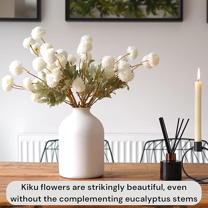RyddeligHome White Faux Flowers for Vase - Kiku 10 Stems & Eucalyptus, Fake Flowers Stems for Pottery Vase, Realistic Artificial Flowers, Pom Pom Balls for Aesthetic Farmhouse Barn Room Decor