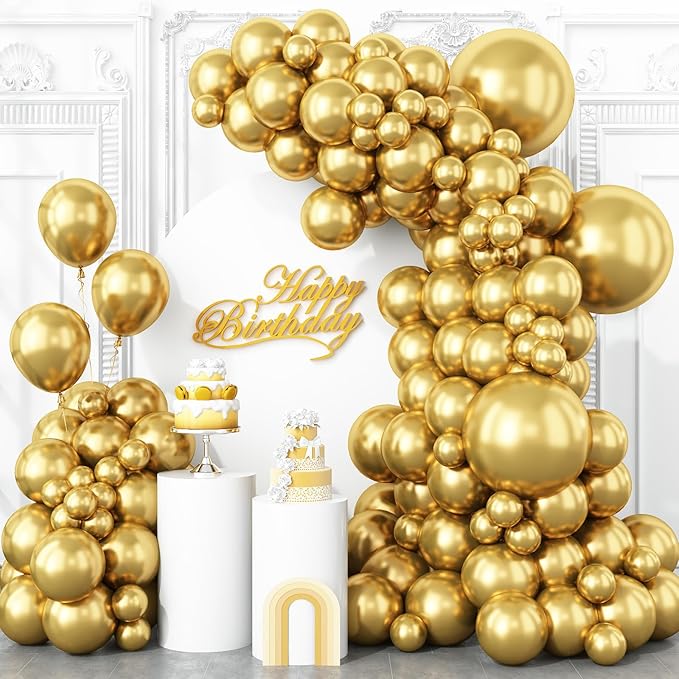 Togvu Metallic Gold Balloons Different Size, 123 Packs Gold Balloons Arch Kit, Pack of 18 12 10 5 Inch Chrome Gold Balloons Garland for Birthday Party Graduation Wedding Holiday Balloon Decoration