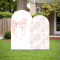 2Pcs Toile de Jouy Pink Bow and Floral Arch Backdrop Covers, Romantic French Style Spandex Arch Covers for Baby Shower, Girl Birthday, Wedding Party Decorations (6ft,5ft)