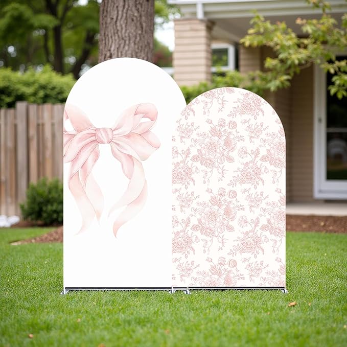 2Pcs Toile de Jouy Pink Bow and Floral Arch Backdrop Covers, Romantic French Style Spandex Arch Covers for Baby Shower, Girl Birthday, Wedding Party Decorations (6ft,5ft)