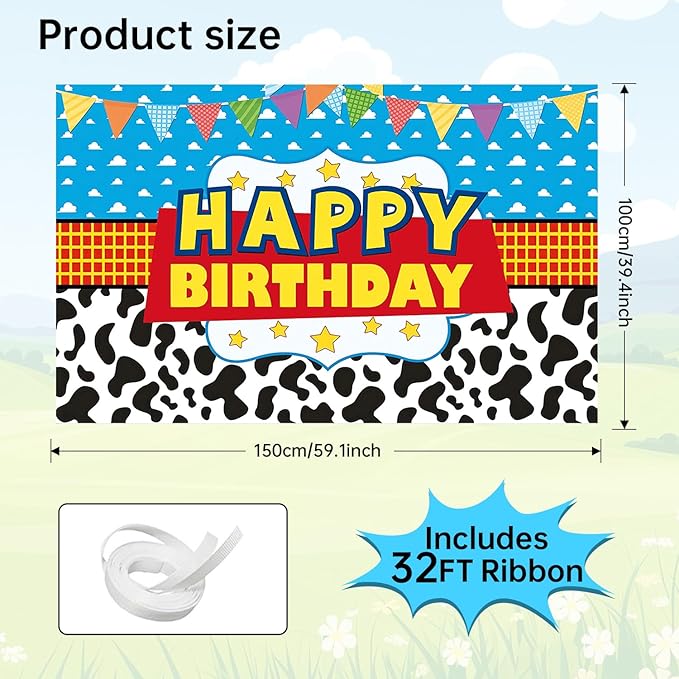 3x5ft Cartoon Cowboy Birthday Backdrop, Happy Birthday Decoration Background, Cute Cartoon Theme Party Supplies Outdoor Indoor Photo Banner