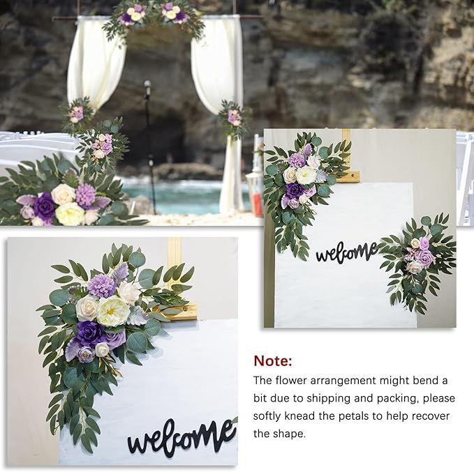 Purple White Wedding Arch Flowers, Faux Flower Swag Set of 2, Purple Floral Swag for Wedding Arch Welcome Signs, Reception Ceremony Signs Decor