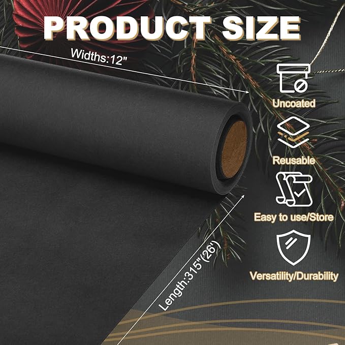 PATIKIL Wrapping Paper, 12"x315"(26') Bulletin Board Paper Roll Kraft Paper Roll Construction 80GSM for Shipping Packing Gift Wrapping Craft Flower Bouquet Christmas, Black