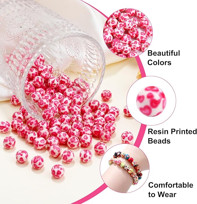 100 PCS 10mm Resin Beads Bulk for Bracelet Making Kit, Pink Round Loose Beads for Jewelry Earring Necklace Rings DIY Art Craft Projects Ornament Gifts