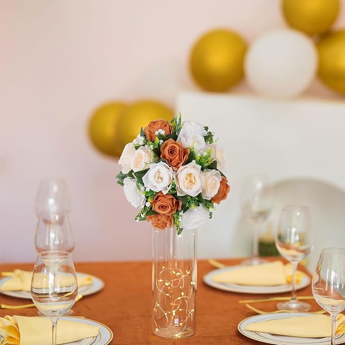 BLOSMON Flower Balls for Centerpieces Decoration: 2 Pcs Terracotta Artificial Rose Kissing Balls for Table - Fall Fake Silk Floral Bouquet with Base Arrangements for Home Party Room DIY Decor
