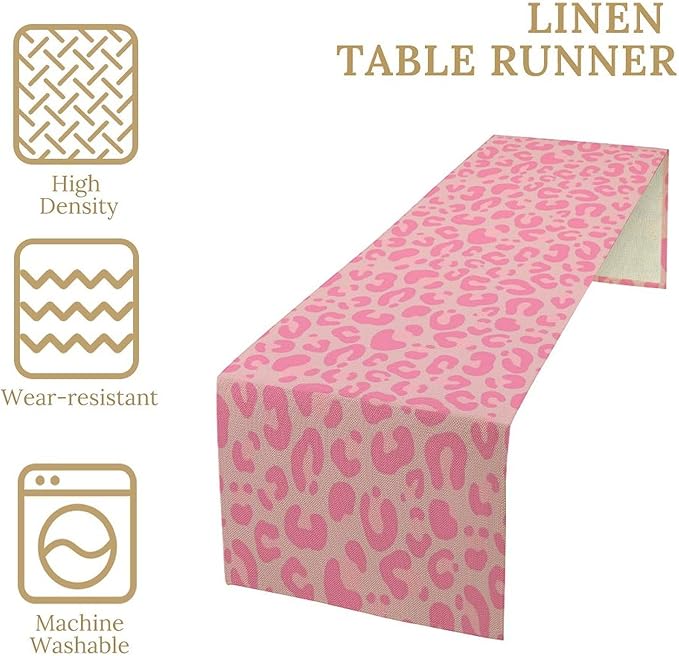 Pink Leopard Print Table Runner, Vintage Animal Skin Farmhouse Cottage Country Western Wildlife Safari Dinner Runner for Kitchen Dining Table Party Holiday Decor 13x60in