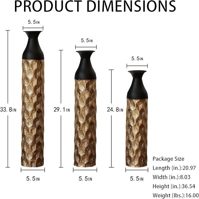 Set of 3 Large Floor Vases, Modern Gold Black Metal Vases for Home Decor, Glazed Decorated Tall Vases 24.8 29 33.8 Inch for Wedding Living Room