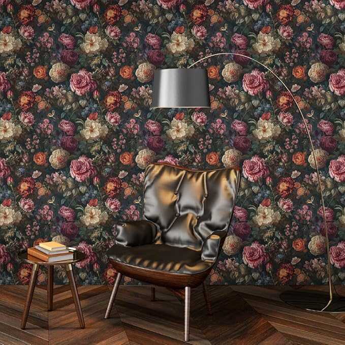 Vintage Dark Black Purple Red Flowers Leaf Botanical Floral Peel and Stick Wallpaper Easy Peel Off Contact Paper Stick on Adhesive Wall Paper for Bathroom Waterproof Renter Friendly