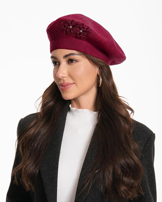 Flower Embroidery Beret Hat for Women, French Style Knitted Beret Hats, Stylish Solid Color Beret Cap for Women Girls Lady