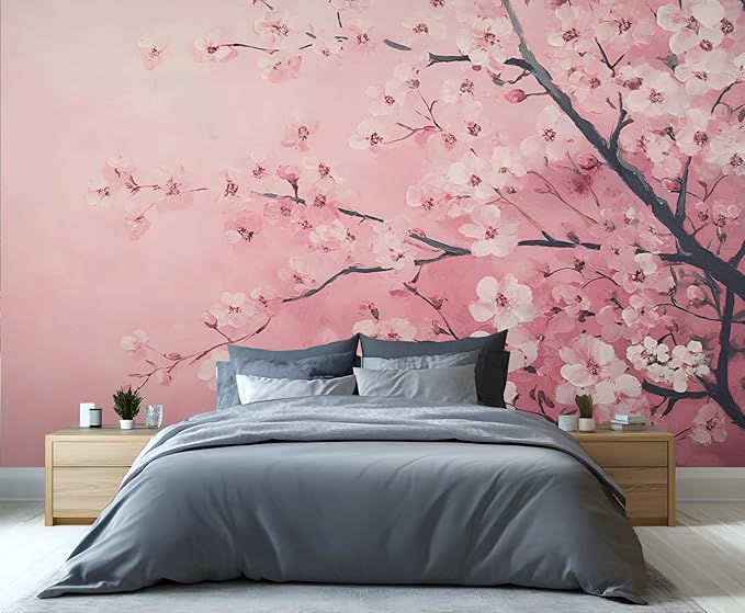 Pink Cherry Blossom Wall Mural, Romantic Cherry Blossom 3D Wall Murals, Japanese Flower Wallpaper Mural, for Living Room Bedroom Large Wallpaper Indoor Decor 197" W x124.8 H