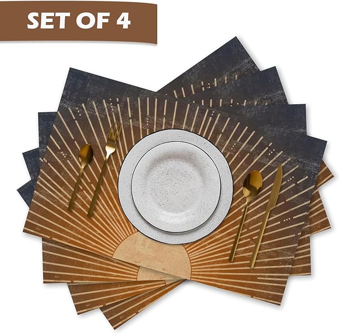 Boho Placemats Set of 4, Abstract Boho Golden Sun Sunshine Placemats, Boho Mid Century Modern Table Mats Place Mats for Kitchen Dining Table Decoration 16.9x11.4 Inch