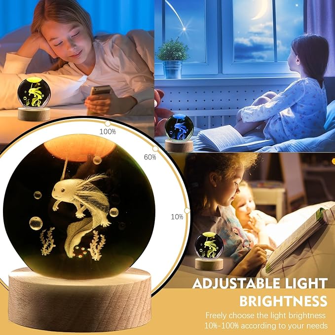 3.15in 3D Axolotl Gift Lamp for Bedroom - 16 Colors & Remote Controls Crystal Ball Night Light - Birthday Christmas Gifts for Kids Boys Girls