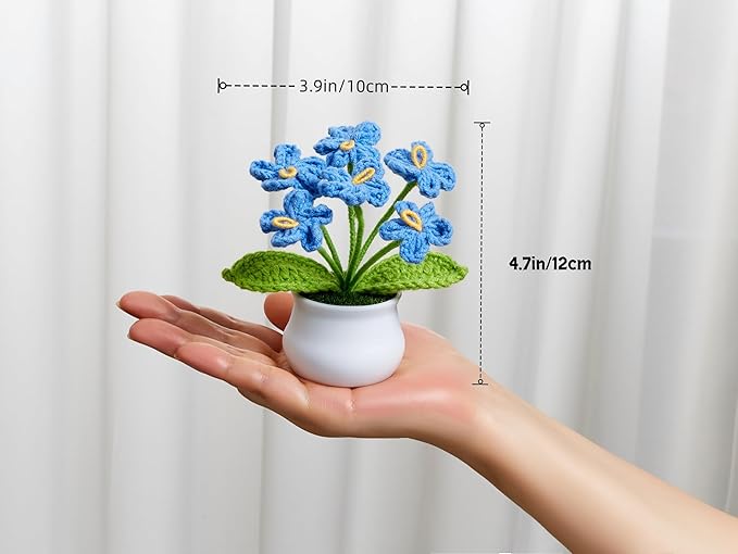Knitting Crochet Flowers Cute Blue Handmade Forget Me Not Flower Plants Gift for Women Teacher's Day Birthday Anniversary Valentines Christmas Decor for Dashboard Home Office Desk Accessories