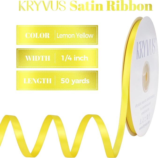 Lemon Yellow Satin Ribbon, Double Faced 1/4 Inch X 50 Yards Lemon Yellow Ribbon, Premium Satin Ribbon for Gift Wrapping, Crafts, Hair Bow Making, Sewing, Flower Bouquet, Wedding Party Decor