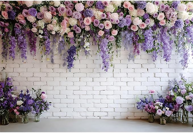 Baocicco Purple Floral Wall Backdrops 10x8ft Flowers White Brick Wall Backdrops for Photoshoot Valentine Day Decorations Anniversary Wedding Banner Supplies Birthday Baby Shower Photo Props