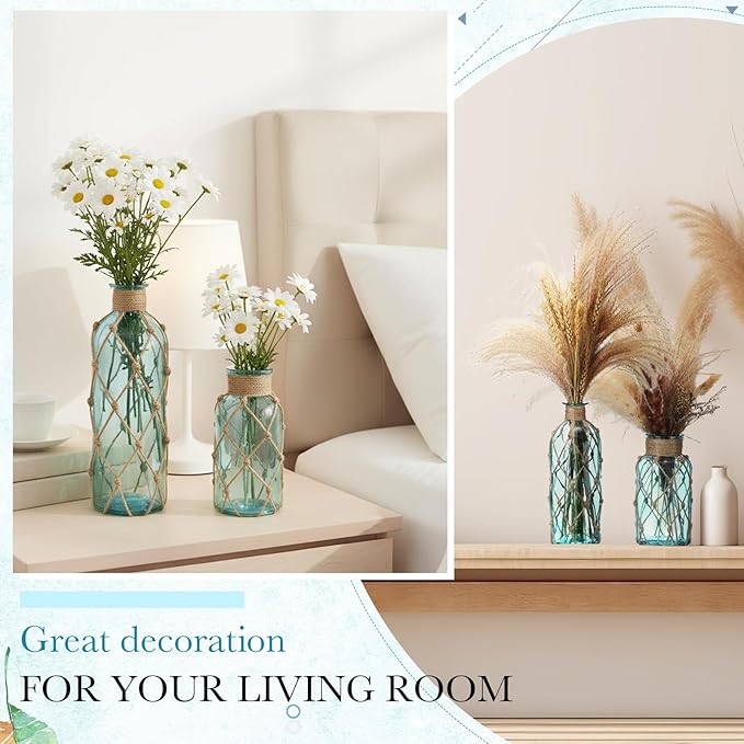 Chuangdi Set of 2 Coastal Glass Vases for Flower Small Flower Vase with Boho Rope Wrapping Beach Decorative Bottle for Coastal Nautical Table Centerpiece Wedding Floral Arrangement Decor(Light Blue)