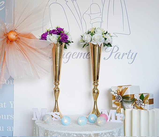 Set of 2 Metal Trumpet Vases for Table Centerpieces, Anniversary Celebration Wedding Party Dinner Table Centerpieces, Wedding Decorations, 21.9"/55.5cm Gold Vases