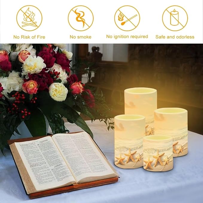Flameless LED Candle Electric Pillar Candle with Remote Timer Color Changing Control Long Lasting Pack of 4 for Tabletop Coastal Home Indoor Decoration, Beach Gold Starfish
