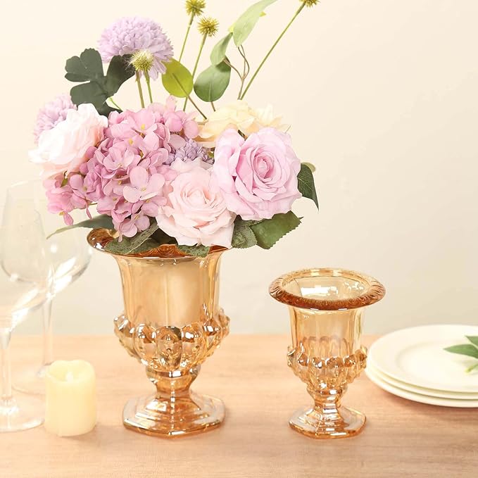 Efavormart 2 Pack Amber Gold Glass Flower Vases in Classic Roman Urn Style, Mini Pedestal Vase Table Centerpieces - 8"
