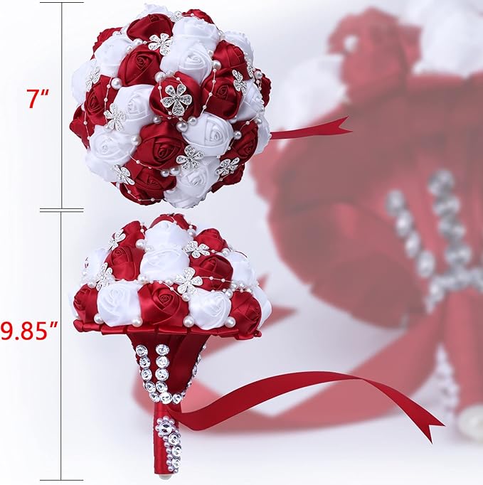 Handmade Wedding Flowers Bridal Bouquets Crystal Bride Holding Bouquet White Ivory Satin Roses with Diamond Pearl Ribbon.(WineRed)