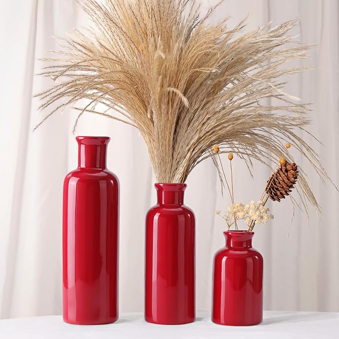 Small Ceramic Vase Set of 3, Boho Modern Flower Vase Room Decor, Farmhouse Decor, Vases for Your Kitchen, Bathroom, Bedroom, Living Room, Office&Shelf Centerpiece Table Decorations, Red