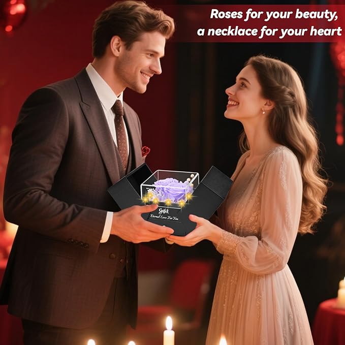 2 Preserved Rose Gift for Women - Eternal Rose with I Love You Necklace - Romantic Birthday Gifts for Girlfriend Mom Her Wife Grandma on Valentines Mothers Day Anniversary Christmas-Light Purple