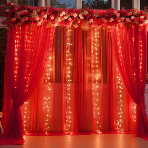10ft x 10ft Red Backdrop Curtain with Lights String for Parties, Sheer Tulle Wedding Photo Backdrops Drapes for Baby Shower Birthday Party Decorations Background for Photography