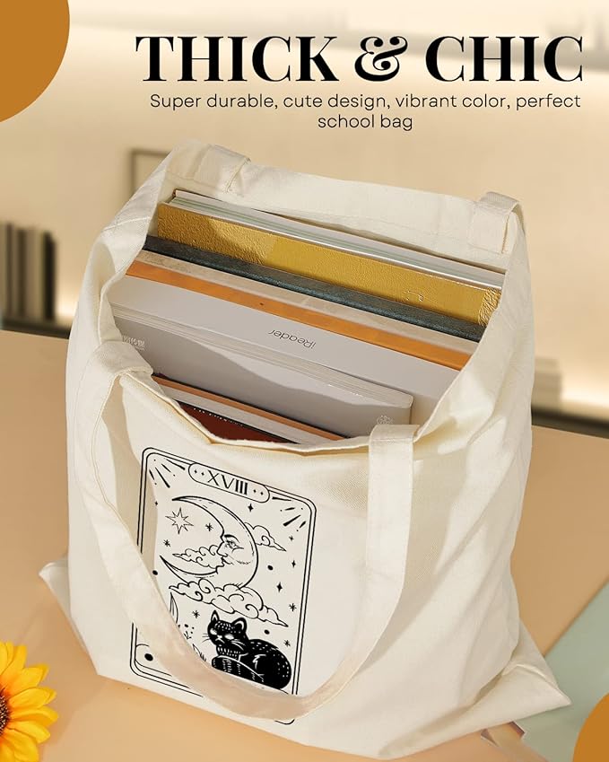 AUSVKAI Canvas Tote Bag Aesthetic for Women, Cute Sun Moon Cotton Totes Bag for Grocery Beach Shopping Gifts