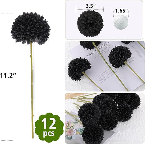 12 Pcs Black Artificial Chrysanthemums Flowers Silk Fake Mums Flowers for Halloween Ghothic Wedding Table Centerpiece Christmas Home Decor (12, Black)