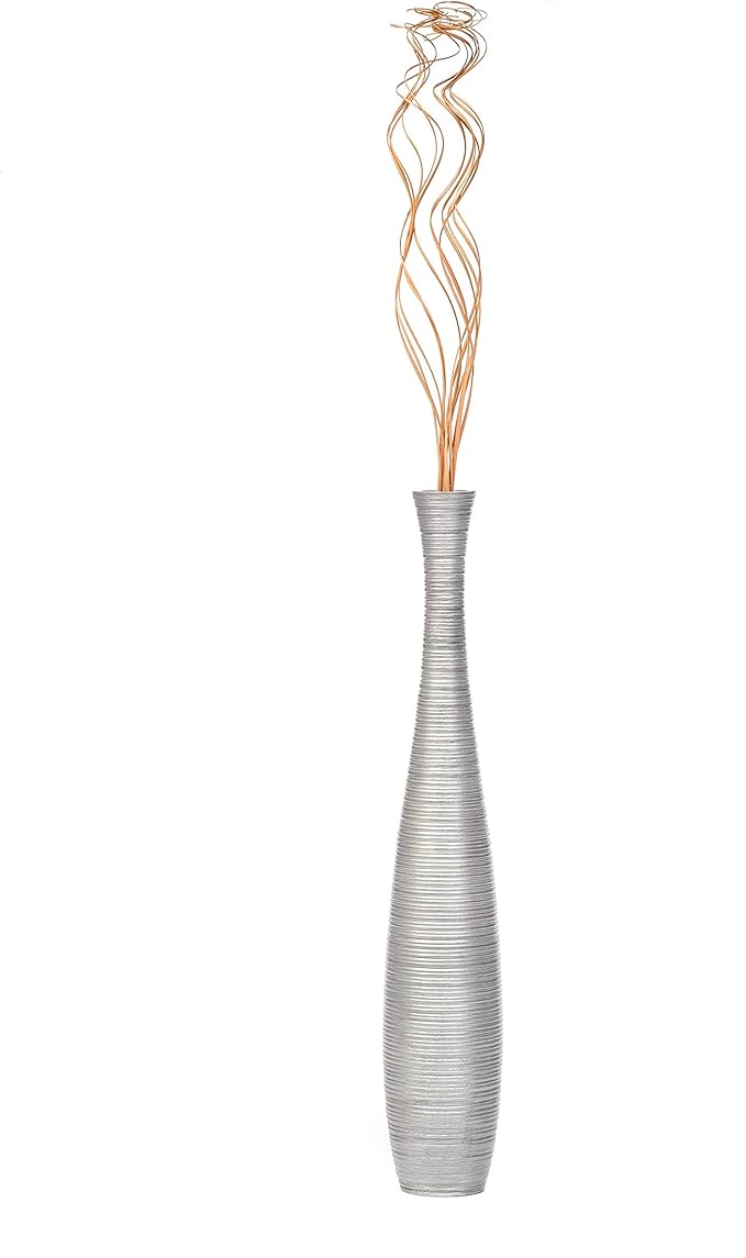 Leewadee Large Silver Home Decor Floor Vase - Wooden 26 inch Tall Farmhouse Decor Flower Holder for Fake Plant and Pampas Grass