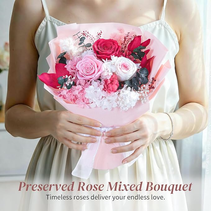 Lewondr Flower for Delivery, Preserved Flowers Bouquet, Pink Roses Bouquet, Real Long-Lasting Forever Birthday Flowers Gifts for Mom Women Wife Grandma Her Mothers Day Anniversary, Light Rose