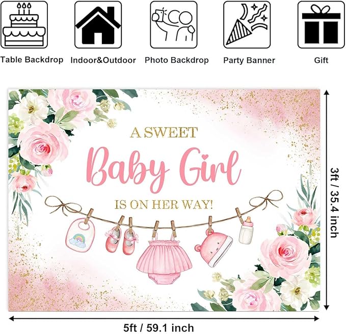 Sensfun Cute Clothes Baby Shower Backdrop A Sweet Baby Girl is On Her Way Banner Watercolor Pink Floral Sweet Little Girl Baby Shower Party Decorations Banner Supplies Photo Booth Props 5x3ft
