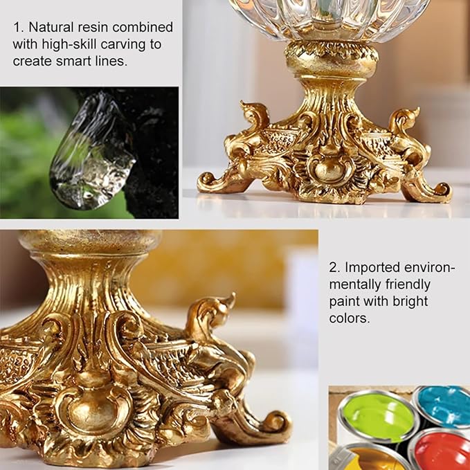 Artificial Flowers in Vase Set – Retro European Style Golden Crystal Glass Vase with Orange Faux Flowers, Carved Decorative Centerpiece for Table, Entryway, or Living Room