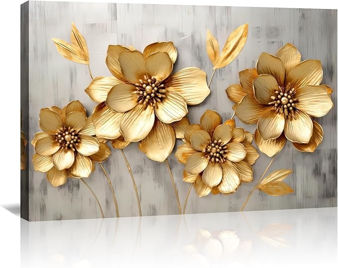 KPLUNDO Canvas Prints Wall Art Gold Flower Picture Gray Poster Landscape Painting Aesthetics Artwork Home Decor for Living Room Kitchens Decoration Gallery Wrap Ready to Hang(Art-2,24.00x36.00 inch)