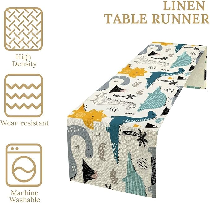 Cartoon Dinosaur Table Runner,Kids Boys Cute Various Dino Moutain Modern Abstract Print Tablecloth Burlap for Hotel Indoors Outdoor Dining Room Kitchen Holiday Party, 13x80in
