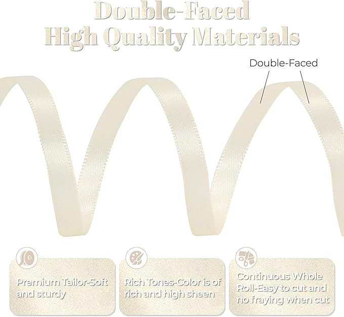 Cream Satin Ribbon, Double Faced 1/4 Inch X 50 Yards Cream Ribbon, Premium Satin Ribbon for Gift Wrapping, Crafts, Hair Bow Making, Sewing, Flower Bouquet, Wedding Party Decor