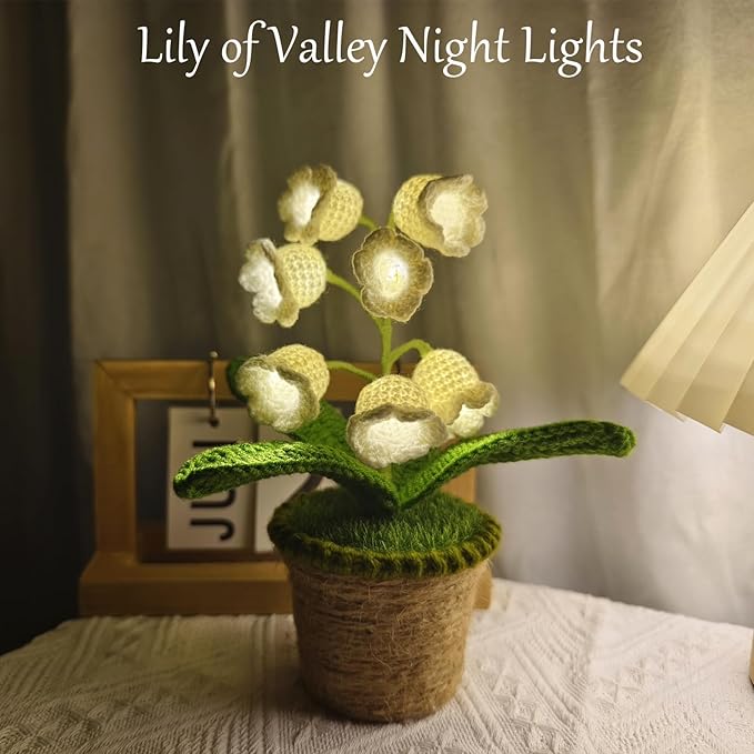 Lily of The Valley Lamp, Crochet Artificial Flower with 7 Little Night Lights, Cute Gifts for Women Wife Girlfriend Birthday Christmas Valentine Mother's Day -Medium