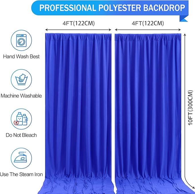 Royal Blue Backdrop Curtain 2 Panels-Wrinkle-Free Royal Blue Curtains Polyester Photography Drapes for Baby Shower Birthday Party Photo Background Backdrop Stand- 8 X10FT