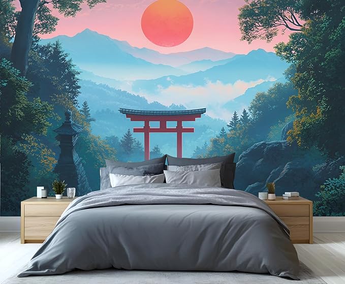 Japanese Torii Gate Wall Mural, Sunrise Mountain Landscape 3D Wall Murals, Zen Nature Art Wallpaper Mural, for Living Room Bedroom Large Wallpaper Indoor Decor 169.3" W x118.2 H