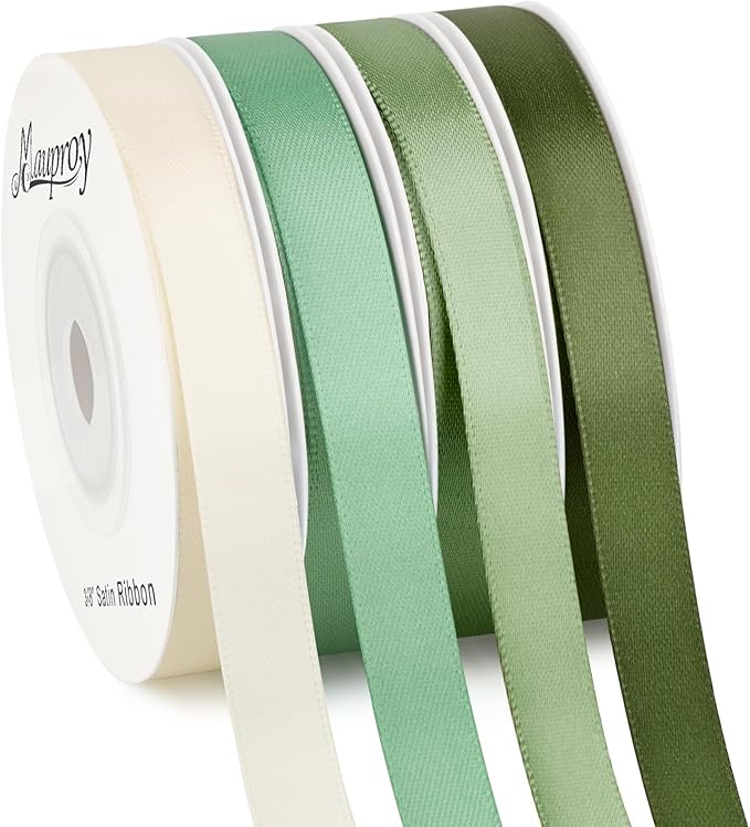 3/8 Inch Green Satin Ribbon, 4 Rolls Total 40 Yards, Double Faced Mixed Green Thin Ribbon for Gift Wrapping, Flower Bouquets, Crafts, Wedding Christmas Decorations
